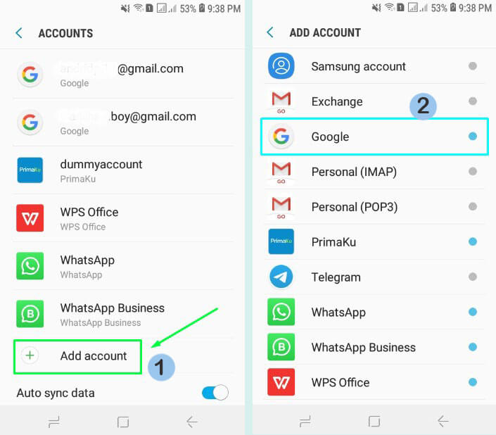 3. Scroll ke bawah pilih Add acoount dan pilih Google