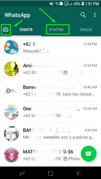 Buka WhatsApp dan pilih menu Status atau ikon kamera