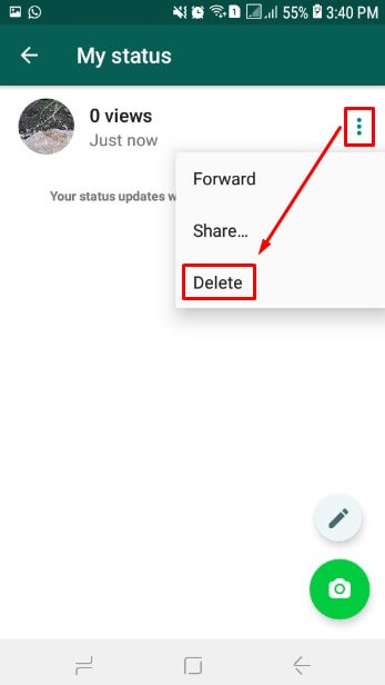 Pilih tiga titik lagi di status yang mau dihapus dan pilih Delete