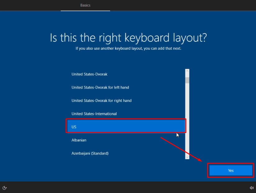 Pilih US Keyboard Layout