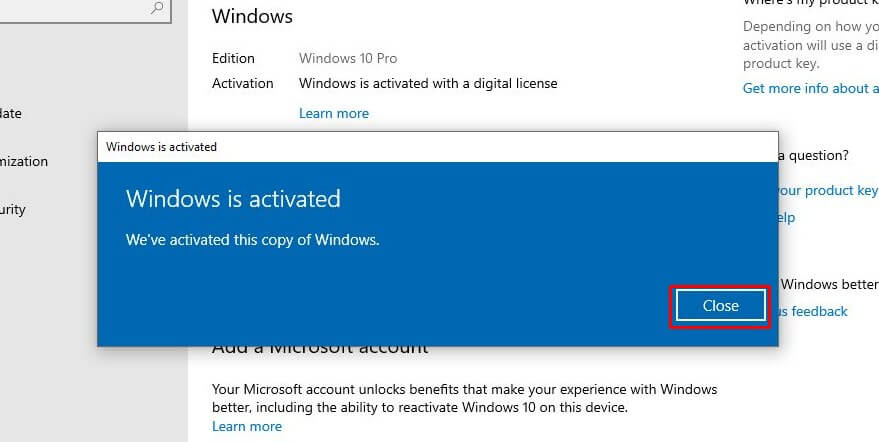 Aktivasi Windows Berhasil