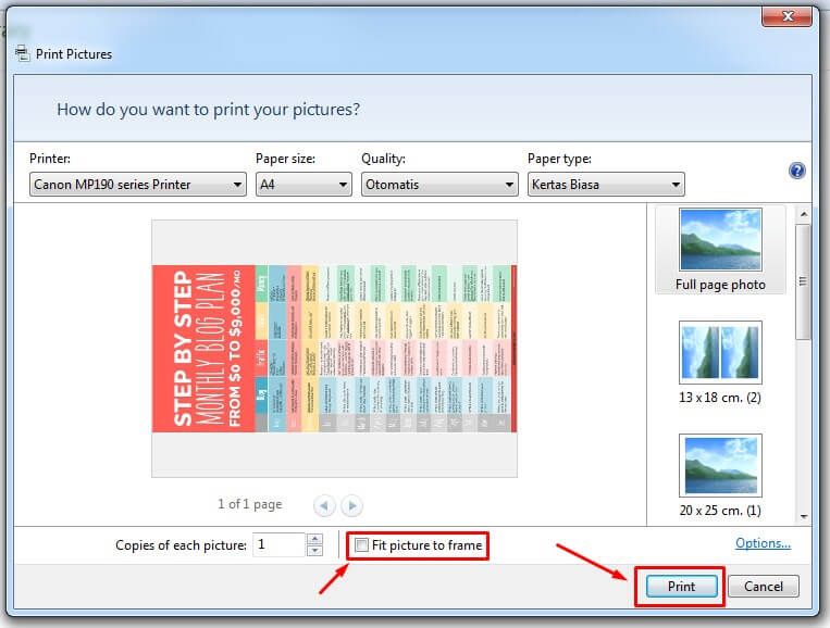 Edit ukuran di kertas cetak dan klik Print