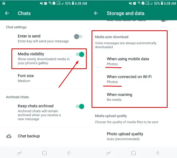 Aktifkan Media visibility dan Media auto-download untuk mengatasi Foto WhatsApp Tidak Muncul di Galeri HP