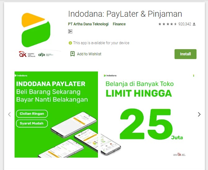Indodana adalah aplikasi pinjaman online yang terdaftar di OJK